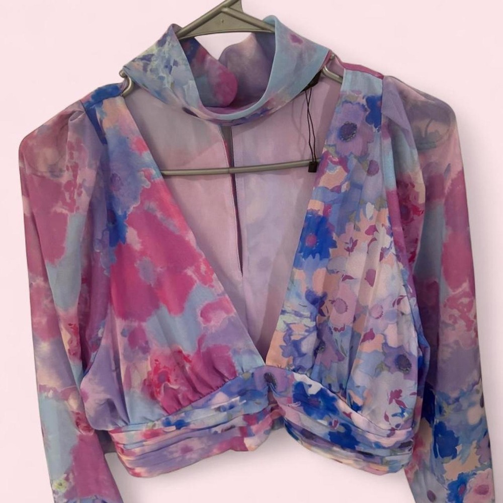 Zara Multicolor Floral Print Deep V Wrap Blouse Size L